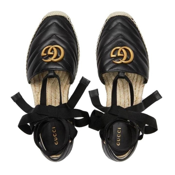 Gucci Espadrilles Flat Marmont Tie Up Ribbon Black Leather Authentic - Picture 5 of 16